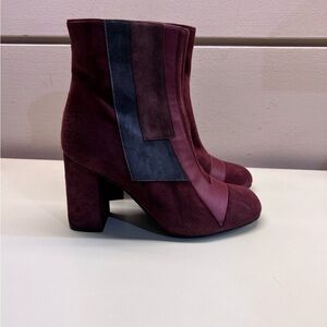 Red and Gray Ankle Boots with Block Heel and Suede Finish